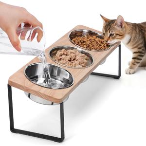 Elevated Cat Bowls with 3 Stainless Steel Bowls, 15 Tilted Raised Cat Food Bowl Wood Pet Bowls with Stand Anti Vomiting 2 Stainless Steel Bowl for Cats and Puppy