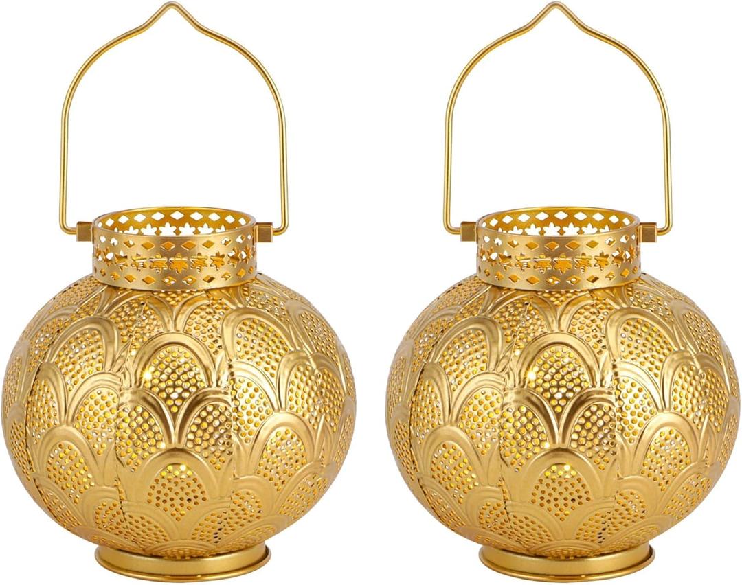TRIROCKS Set of 2 Moroccan Style Metal Table Lamp 7'' High Battery Powered Cordless Lamp with LED Lights Bulb Perfect for Home Living Room Parties Tabletop Indoors (Gold)