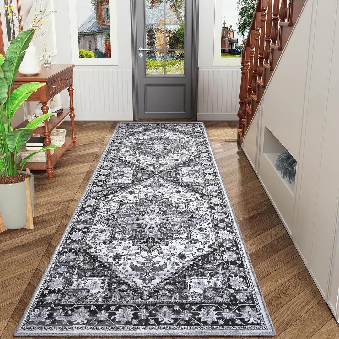 HOMORE 2x6 Hallway Gray Runner Rug for Entryway Indoor Kitchen Runner Rugs Non Skid Machine Washable for Bedroom,Stain Resistant Low Pile Accent Throw Rug for Living Room