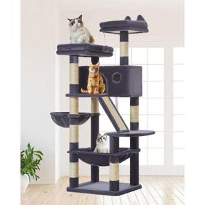 Taoqimiao Cat Tree 57.5-Inch, Cat Tower for Indoor Cats Large Adult, Extra Large Cat Condo, 8 Sisal Scratching Posts, Metal Frame Cozy Hammock, Durable Scratch Board, 2 Top Perches, Smoky Gray MS026G