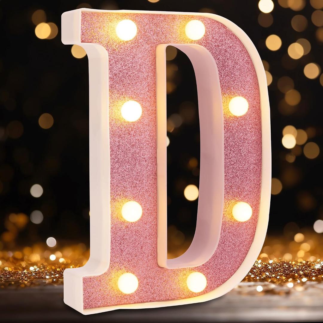 Small Led Marquee Letters, Light Up Letters, 8.58 Inch Led Letter Lights, Battery Powered Lighted Sign for Table, Party, Birthday, Christmas Decor (Pink Glitter, Letter D)