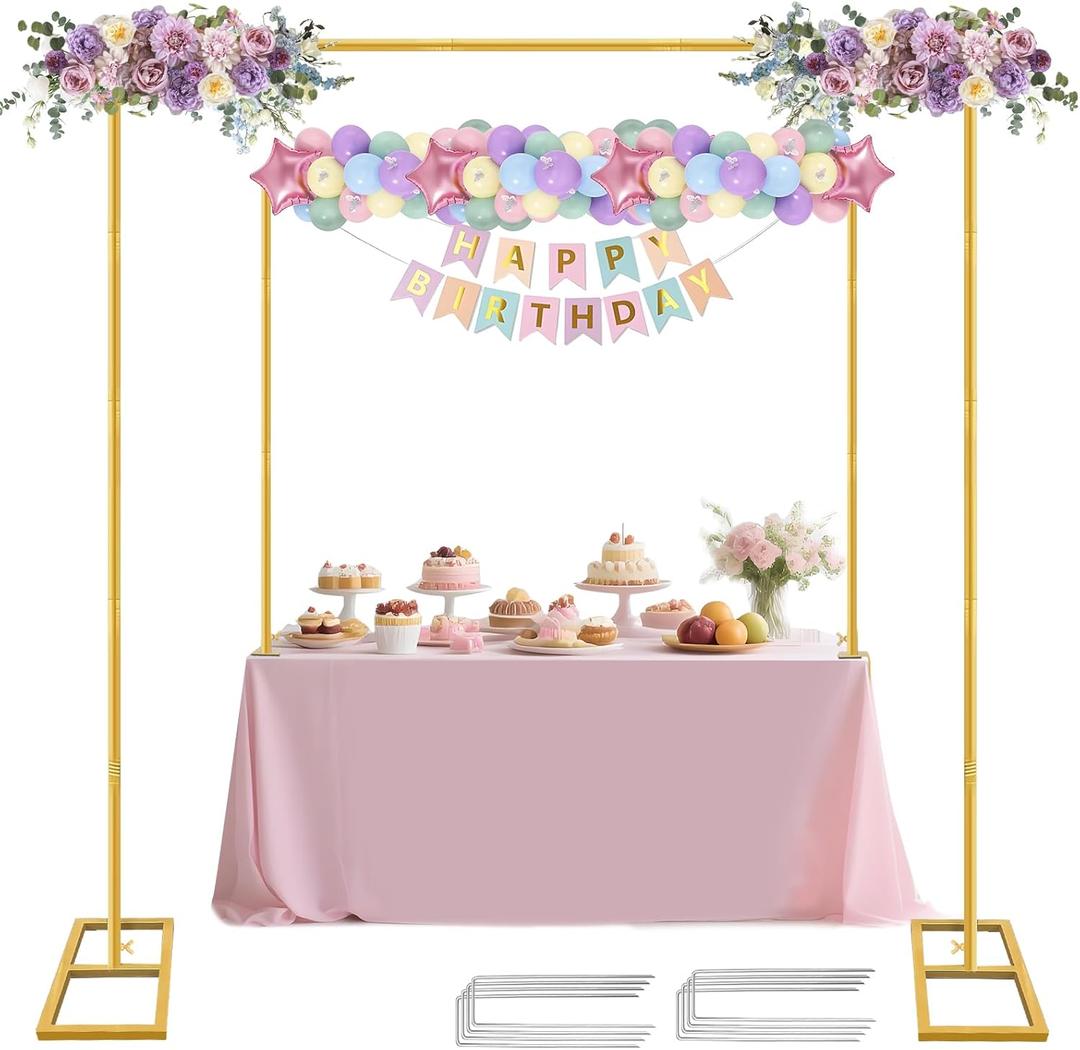 Square Backdrop Stand, Wedding Arch Heavy Duty Adjustable Stand, Over The Table Rod Stand with Clamps, Metal Gold Garden Balloon Frame for Baby Shower Party Decoration (2-IN-1 6.5 FT)