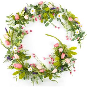5.9FT Spring/Summer Garland with Eucalyptus Tulip, Wisteria Flower Floral Garland for Mantle Door Porch All Year Round, Greenery Wildflower Vines Decotrations