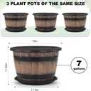 Quarut Large Plastic 3 Pack16 inch Plant Pots,Whiskey Barrel Planters with Drainage Holes & Saucer.Flower Pots Imitation Wine Barrel Design for Indoor & Outdoor Garden Balcony Plants.7 Gallons(Brown)