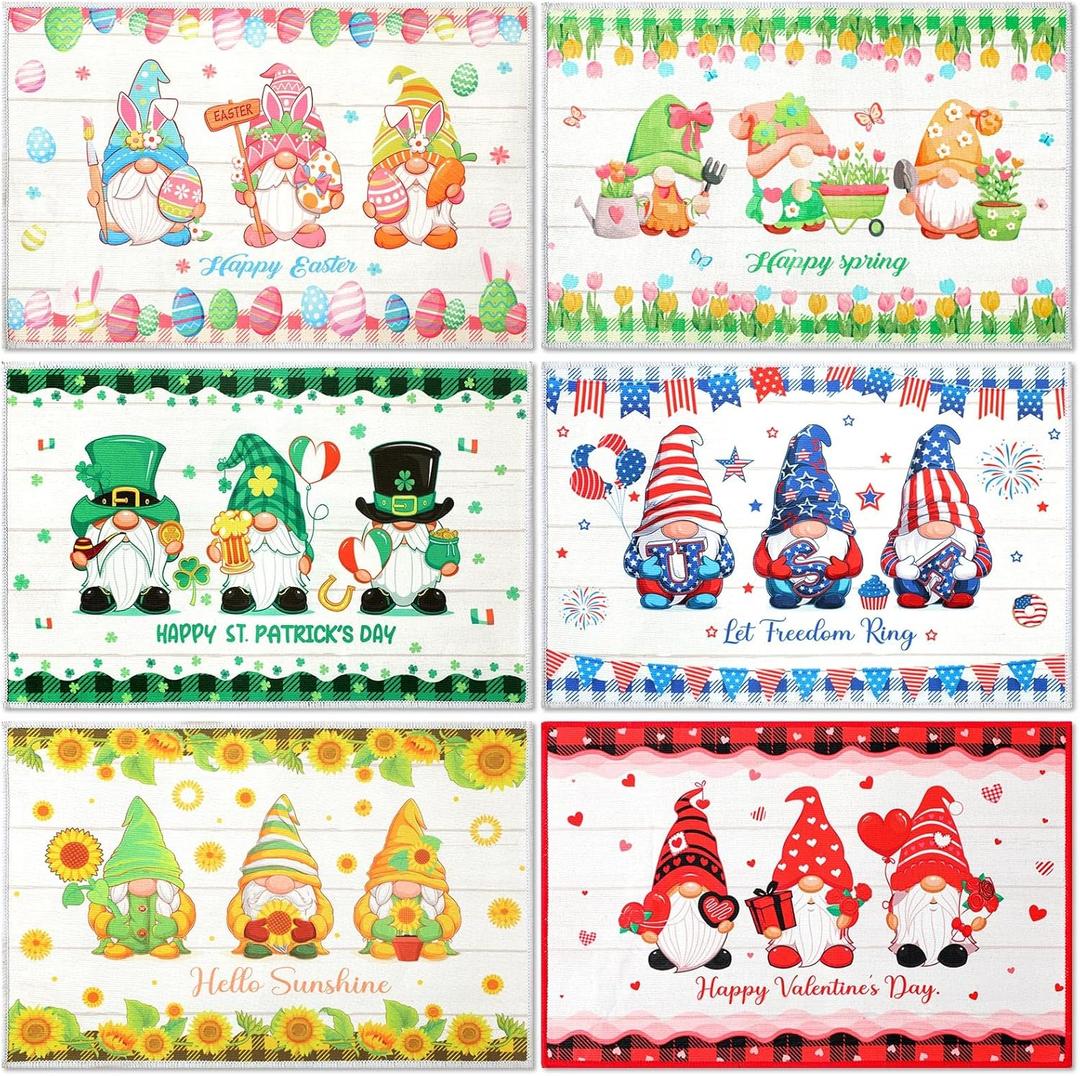 6 Pcs Easter Gnome Doormat Summer Day Doormat Spring Holiday Welcome Mat 4th of July Door Mat Sunflower Gnome Decorative for Outdoor Indoor Entrance Decor(Classic)