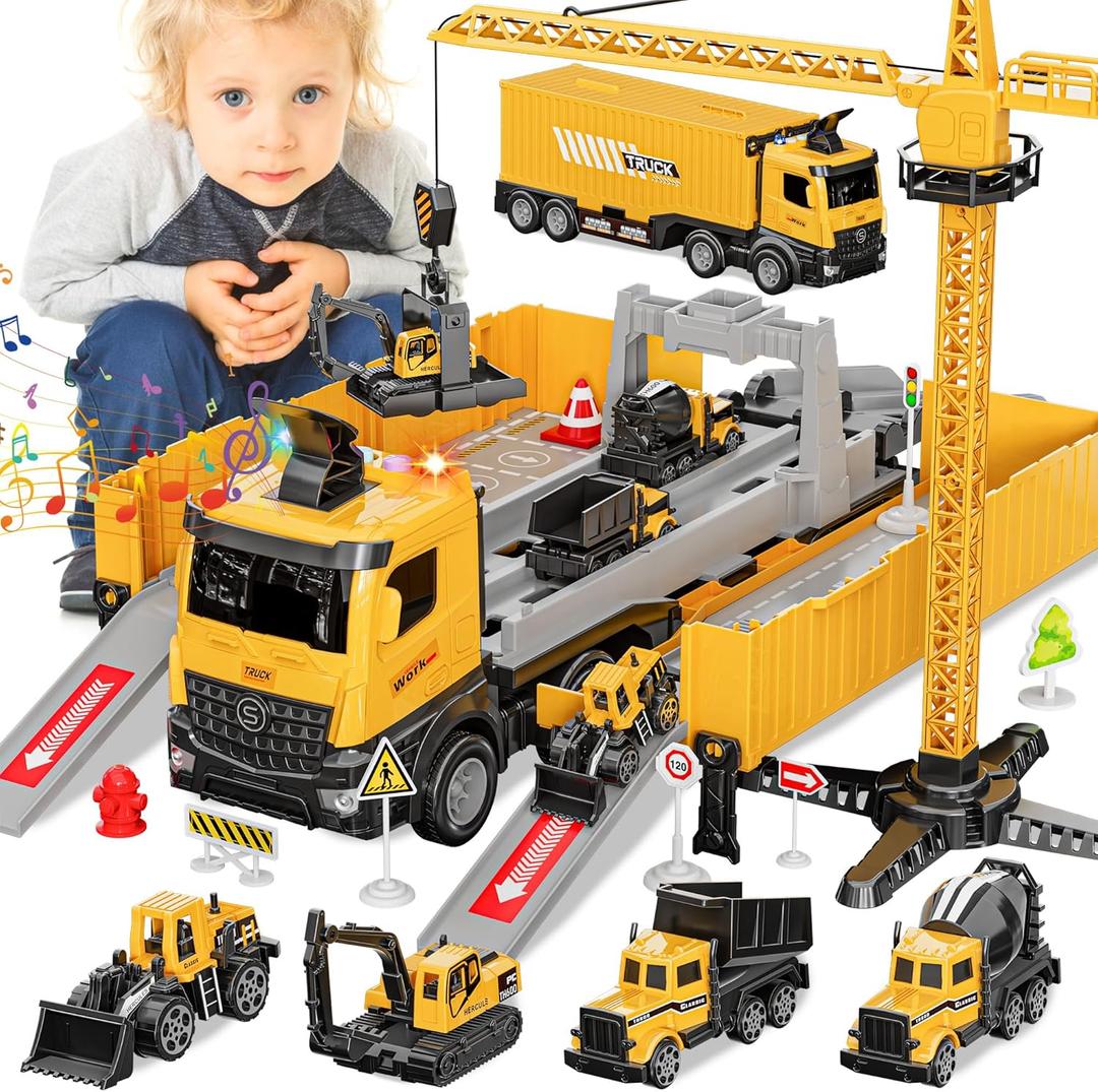Construction Toys Truck Crane for Kids - Truck Race Track Kids Toy Eject Car Set Excavator Bulldozer Dump Trucks Cement Truck Vehicle Easter Christmas Birthday 2+ 3 4 5 6 7 8 Years Old Boy Girl Gift