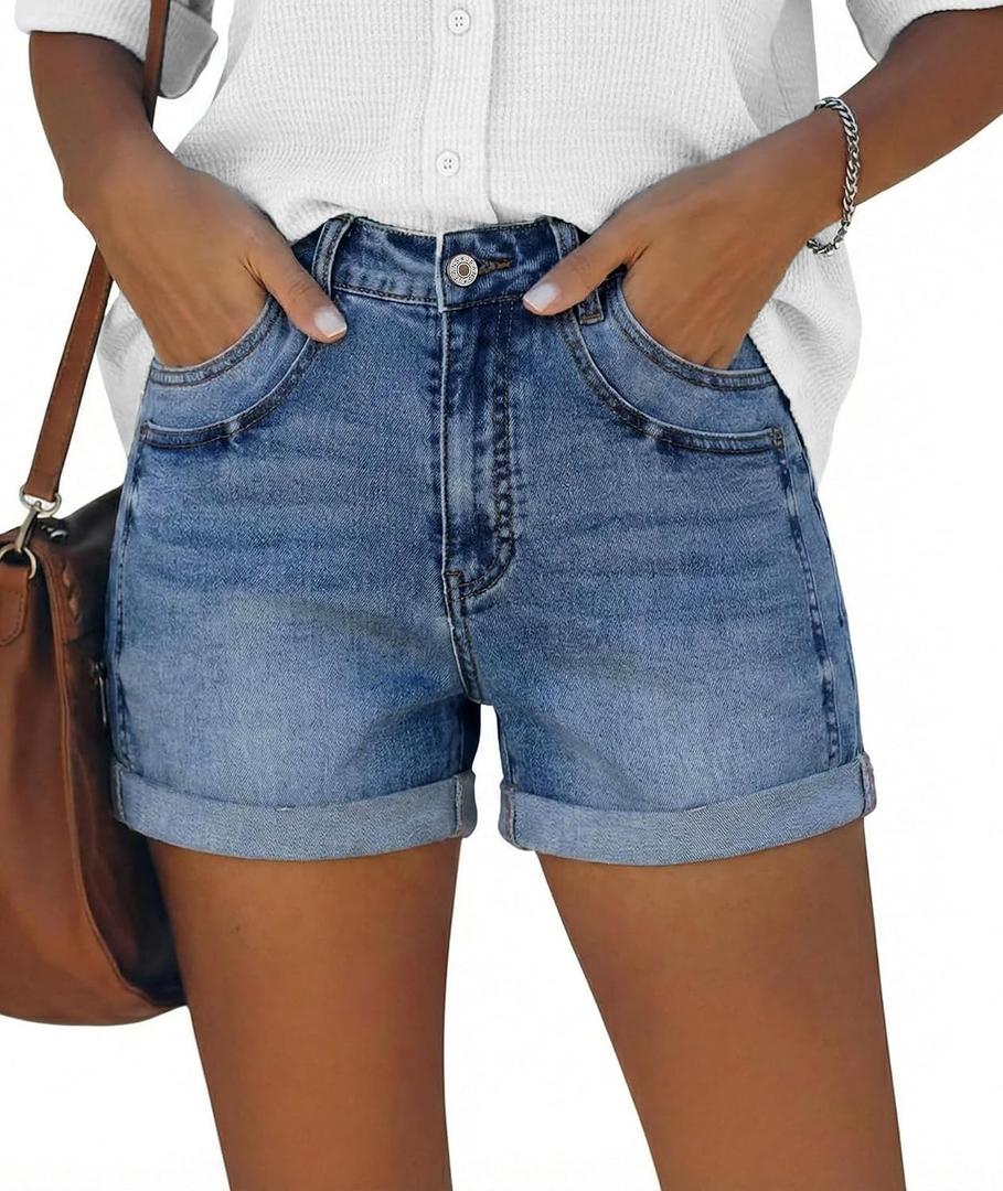 onlypuff Women Jean Shorts Ripped Mid Rise Stretchy Distressed Casual Denim Shorts (Blue)