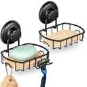 HASKO 2 Pack Suction Cup Soap Dish for Shower Wall, Rustproof Stainless Steel, Shower Soap Holder with Hooks, Includes Optional No Drill Adhesive Mount for Bathroom, 2 Soap Savers, Black