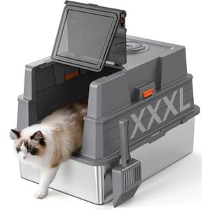 XXXL Stainless Steel Litter Box with Lid,28" L x 20.5" W x 16.5" H Extra Large Cat Litter Box Enclosure for Large and Multi-Cats Families,Non-Sticky, Anti-Leakage, Easy to Clean(Gray) (Grey)