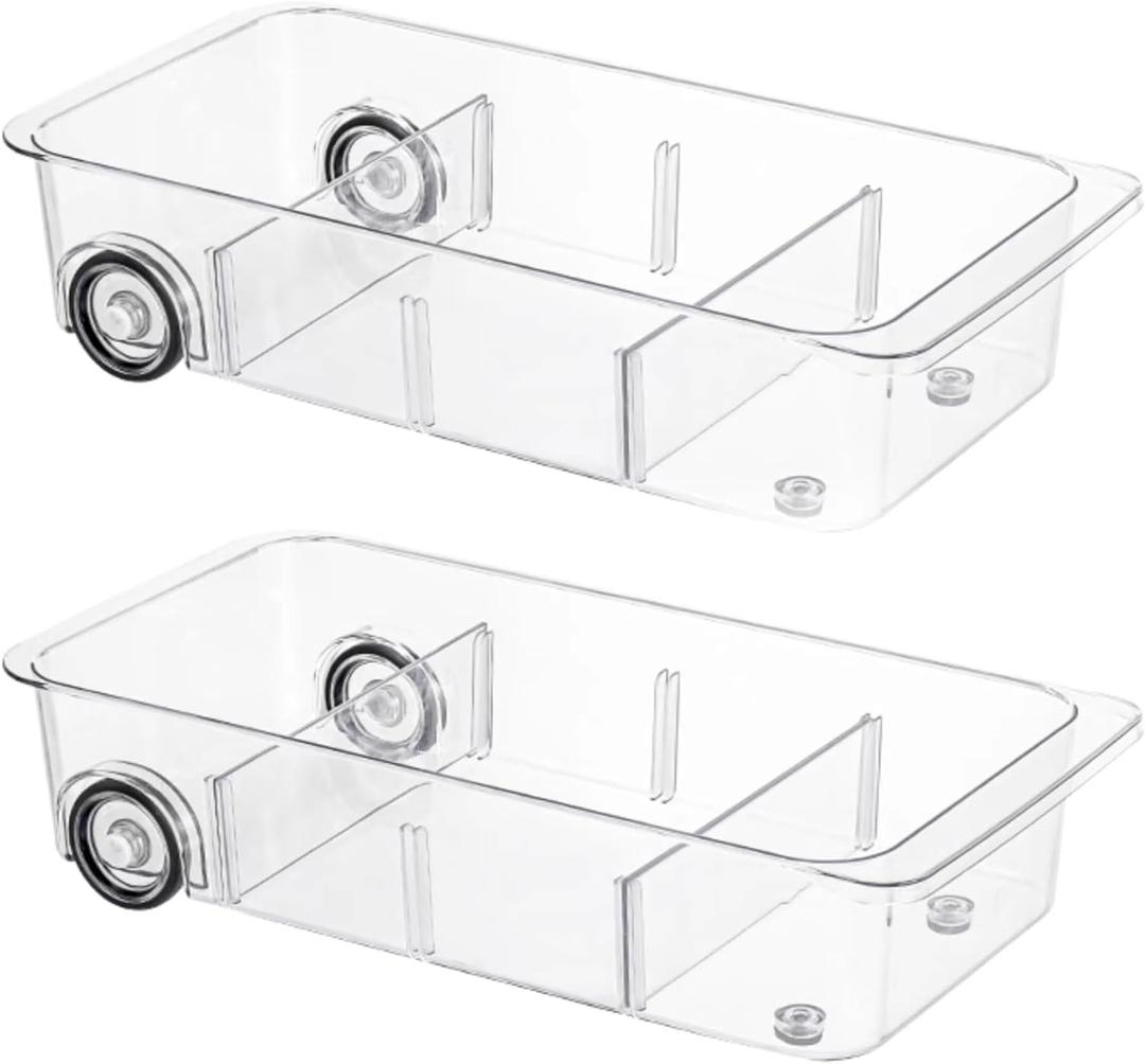 Attelite RollOut Refrigerator Drawer Organizer and Storage Clear Design with Dividers, Fridge Organizer on Wheels, Upgrade Thick Plastic Pantry Storage Bins, Kitchen Organization 2 Set