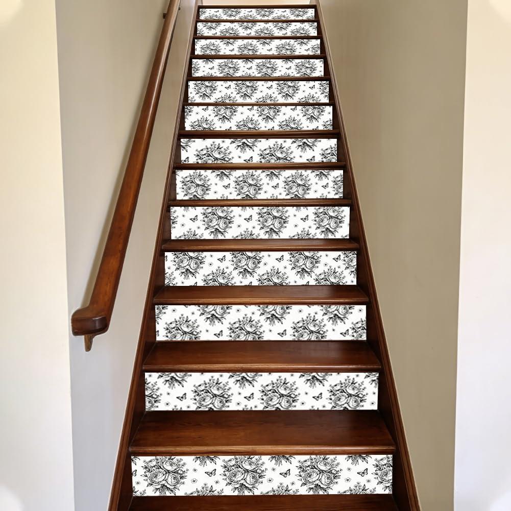 Hpbbspring 15Pcs Staircase Stickers Butterfly Floral Vintage Tile Stickers Beauiful Self-Adhesive Water Proof Staircase Decor for Steps Kitchen Bedroom Balcony Bars 39.3" W x 7.08" H