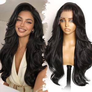 Eawwii 13x4 HD Lace Front Glueless Wigs for Women Black Long Layered Wave Wig Natural Hairline Heat Resistant Synthetic for Daily Use Beginner Friendly 26 Inch