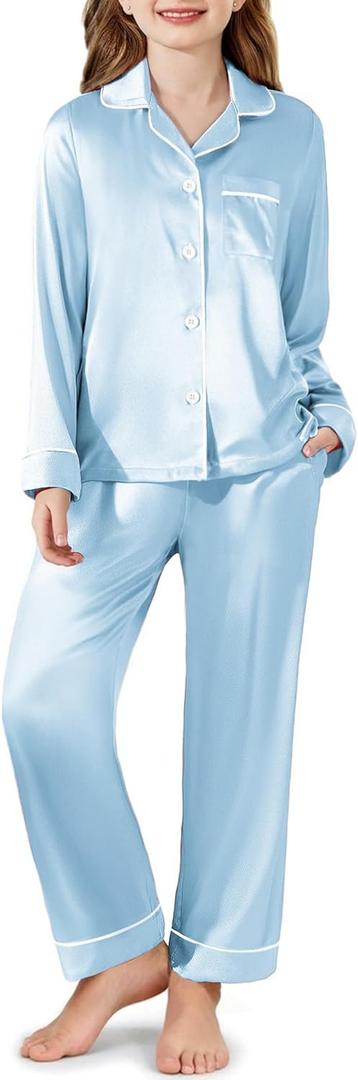 Arshiner Girls Pajamas Silk Satin Pajama Set Long Sleeve Pjs Button Down Sleepwear Light Blue 11-12 Years