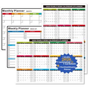 2026 Wall/Desk Calendar Set- 2-Pack 11x17 Inch Reversible (Vertical/Horizontal) Yearly Calendars (1 Thick Cardstock+1 Laminated) , Bonus 1-Pack Dry/Wet Erase Planner(Laminated) for Office, School, Home