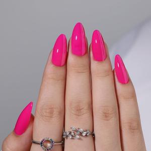 Rose Red Press on Nails with Chrome Fake Nails Designs Thickened Acrylic Nails Short Almond Glue on Nails Solid Color False Nails Full Cover Stick on Nails for Women Girls Manicure Art 32 Pcs