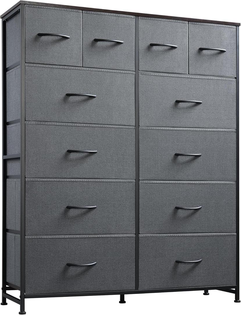 WLIVE 12 Drawer Tall Fabric Dresser Bedroom Storage Chest, Dark Grey