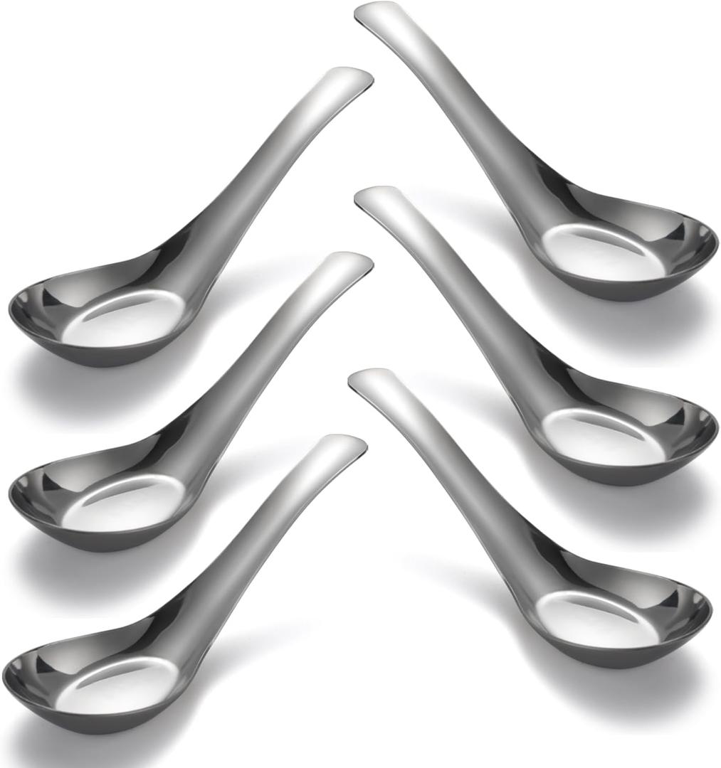 Soup Spoons Stainless Steel Dinner Spoons Set of 6 Chinese Soup Spoon Mirror Polished Asian Soup Spoons for Bouillon Dessert Cereal Thai Miso Ramen (Large)
