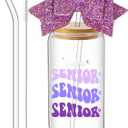 Hushee Class of 2027 Senior Night Gifts 16 oz Glass Water Bottle with Lids Straws Glitter Bow Straw Topper Senior 2027 Tumbler Graduation Gift for Her Women Team Coach Player(Purple)