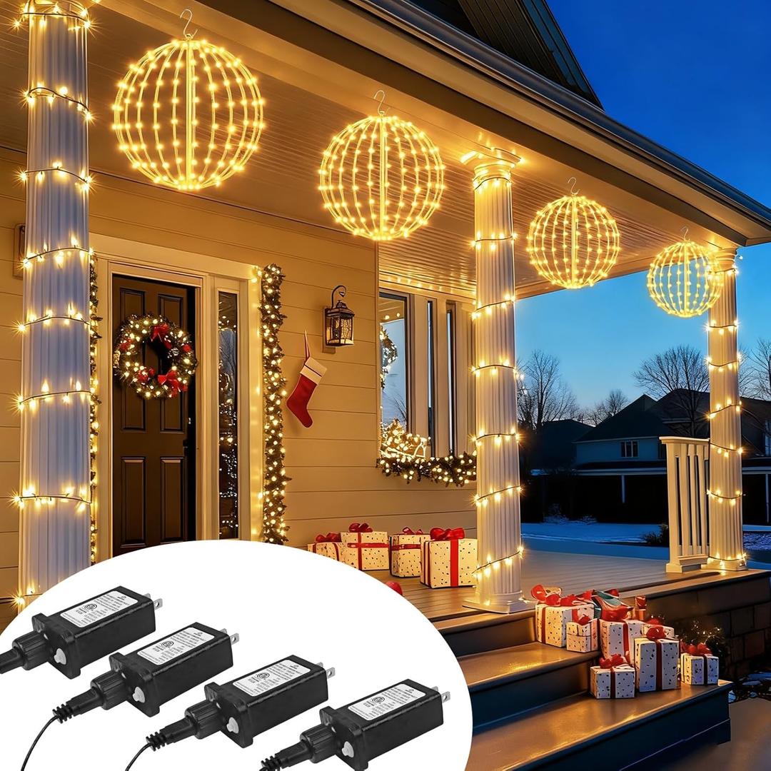 ANGAR 4 Pack 16" Christmas Ball Lights Outdoor/Indoor, Foldable Large Lighted LED Sphere for Trees, Hanging Lights with Hook, Holiday Decor, Garden, Patio, Wedding (White)