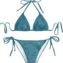 OYOANGLE Women's 2 Piece Glitter Swimsuit Triangle Halter Bikini Set Tie Side Bathing Suits Swimwear (Teal, L)