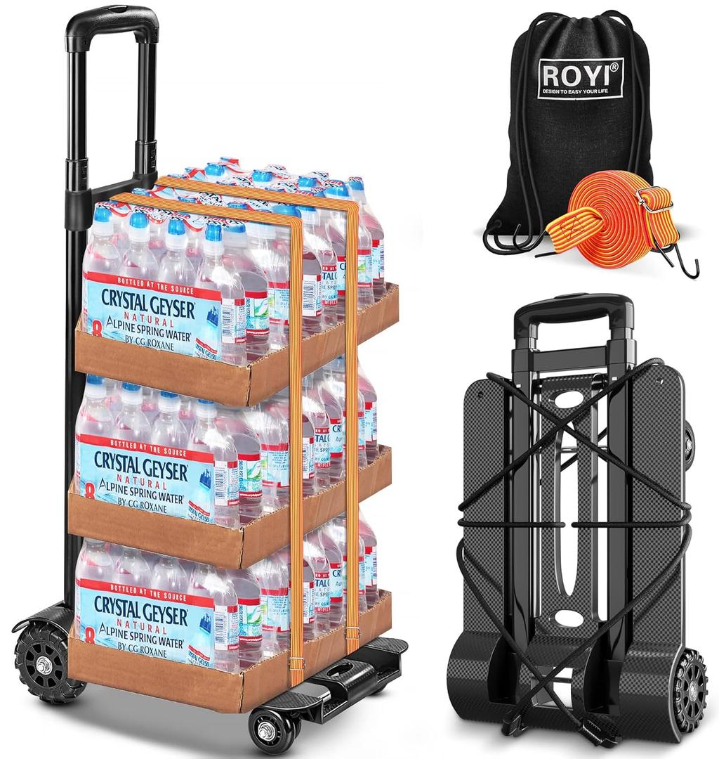 ROYI Folding Hand Truck,290lbs Heavy Duty Luggage Cart with Elastic Bungee Rope,4 Wheels Solid Construction Fold Up Dolly Compact Lightweight Utility Cart for Luggage Travel Shopping Moving Office Use