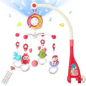 Mini Tudou Baby Musical Mobile Crib Toys with Projector and Light, Timing Function, Remote Control Baby Cot Mobile with Take Along Music Box and Rattles, Present for Newborn Babies Boys Girls (Red)