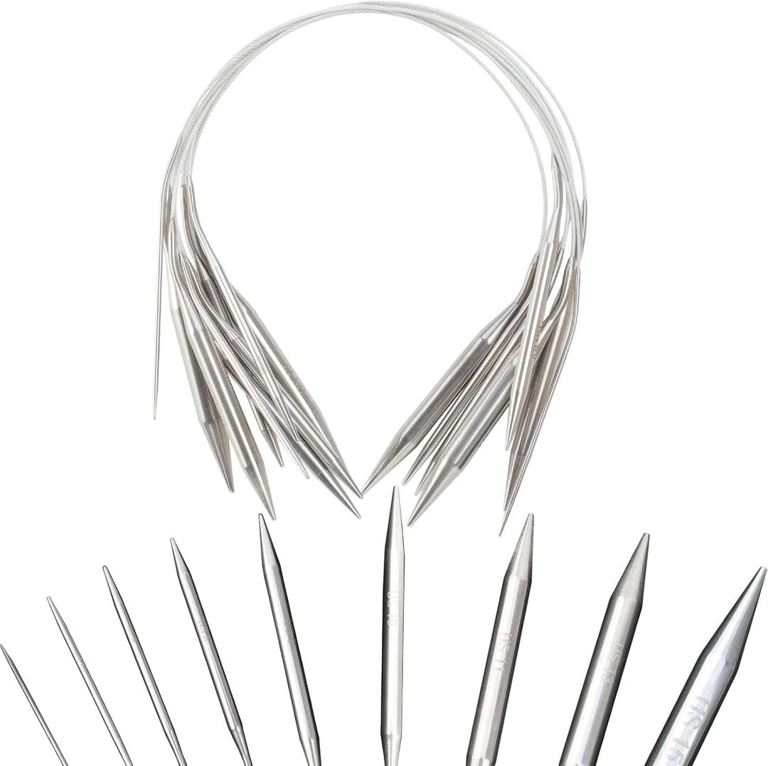 9 Pieces Size Marked US 0-15 Circular Knitting Needles Stainless Steel Knitting Needles Set for Beginner (16 Inch)