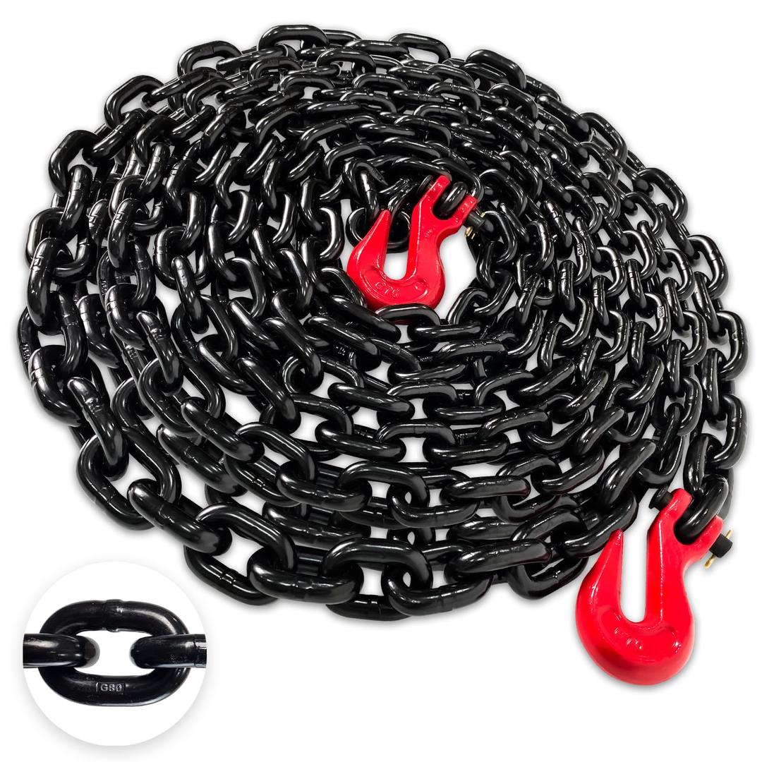 YATOINTO 3/8'' Chain G80 Trailer Tow Chain 25ft, 7,100 lb WLL, Red Clevis Grab Hooks, EP Black Finish, Logging Chain for Towing & Trailer Tie-Down