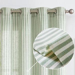 Vangao Linen Blend Stripe Curtains Tickingstripe Light Filtering Window Curtains Green Pinstripe Printed on Beige Drapes 63 Inches Length for Living Room Bedroom Grommet Top 2 Panels