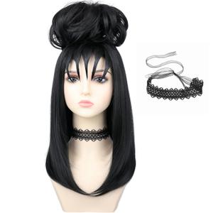 morvally 16" Black Beetle Bride Wig with Bun and Choker for Women Black Wig with Bangs for Gothic Witch Halloween Costume Cosplay (Medium Length Hair)