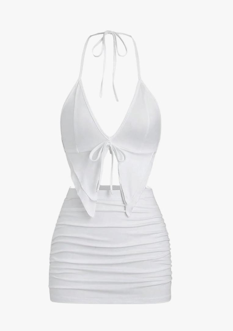SHENHE Women's Y2k 2 Piece Sexy Outfits Backless Halter Crop Top and Ruched Bodycon Mini Skirt Set (Size S)