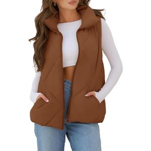 MEROKEETY Womens 2025 Puffer Vest Sleeveless Zip Up Quilted Coat Stand Collar Gilet Jacket With Pockets (Small, Brown)