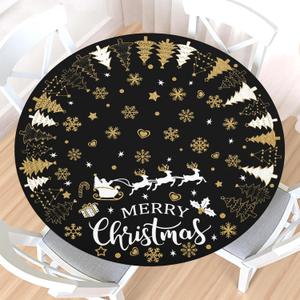 Merry Christmas Round Fitted Tablecloth with Elastic Edge,Water-Resistant Wipeable Black Gold White Xmas Winter Snowflake Table Cover for 40-44" Stretch Table Cloth for Dinner Indoor Outdoor Party