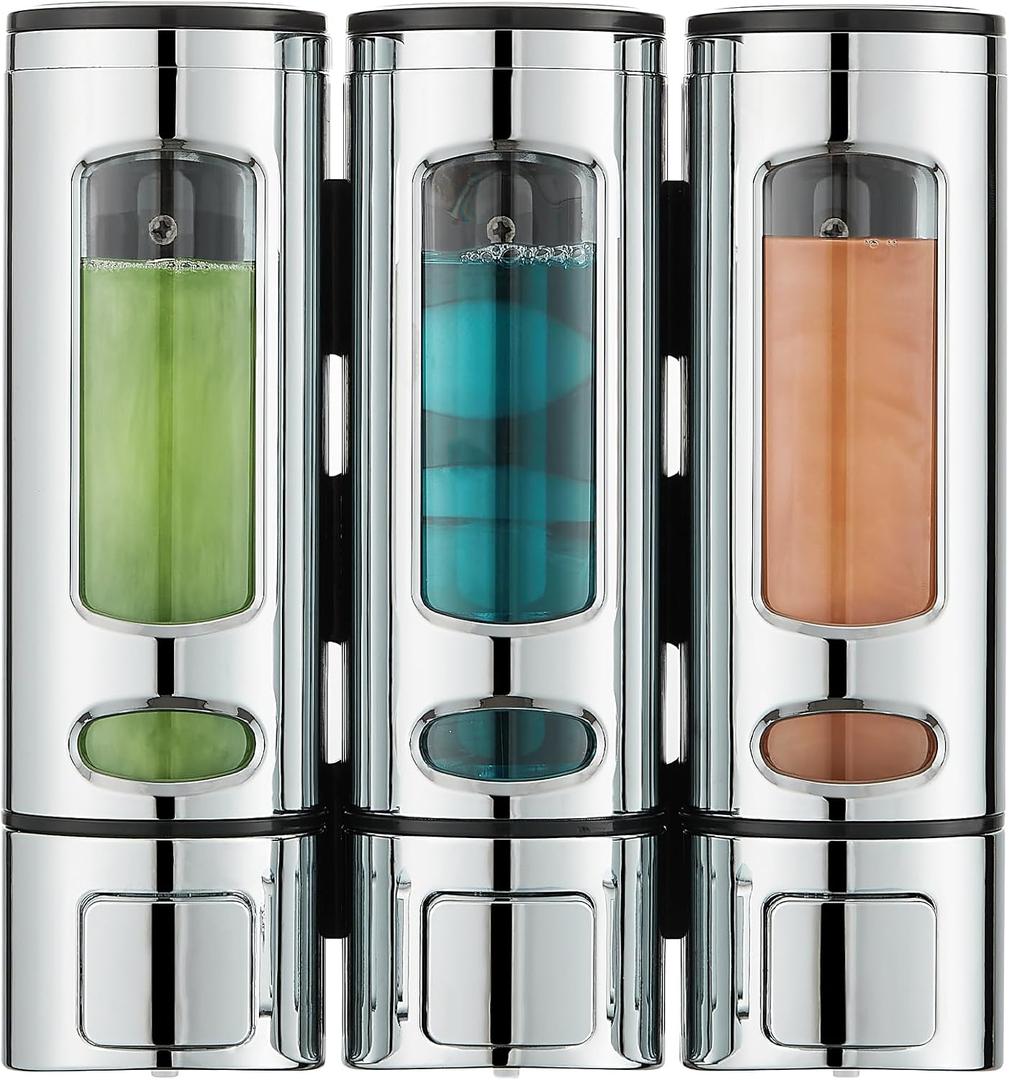 Shampoo and Conditioner Dispenser,Shower Shampoo Dispenser 3 Chamber No Drilled Shampoo Dispenser for Shower Wall Mounted Shower Dispenser Body Wash Dispenser for Bathroom Kitchen Hotel,Chrome