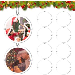 Colingmill 50 Pcs Christmas Hanging Photo Frame Ornaments, Personalized Clear Acrylic Double Sided Mini Christmas Picture Frame Ornaments with Rope for Xmas Tree Decoration (Round)
