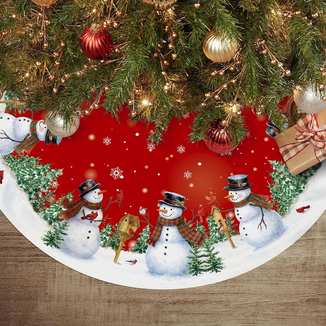 Christmas Tree Skirt 48 Inch, Snowman Red Christmas Tree Skirt Snowflake Funny Xmas Decor Seasonal Winter Holiday Indoor Home Party Decorations