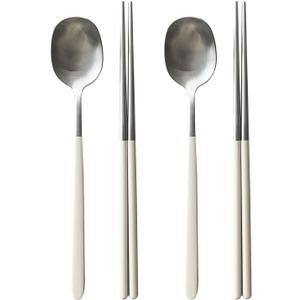 304 Stainless Steel durable Lightweight Korean-style Beautiful Cutlery Spoon and Chopsticks Set Scratch Resistant 2Pieces (Ivory+Ivory)