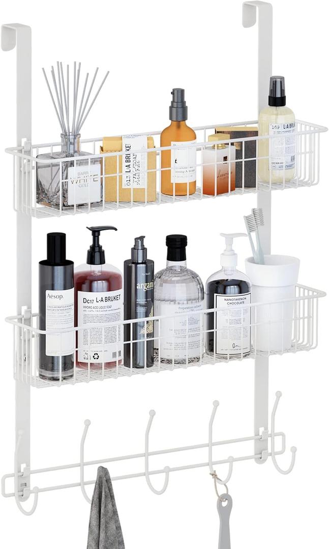 LUCYCAZ Over Door Hooks Organizer, Door Hanger Towel Rack with 10 Coat Hooks & 2 Mesh Basket (White)