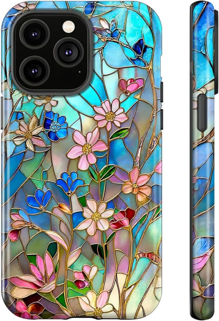 Generic Case for iPhone 14 for iPhone 13,Stained Glass Bloom Flower Phone Case Drop Resistant Glossy 2 in 1 Solid Dual-Layer Cover for Girl Women