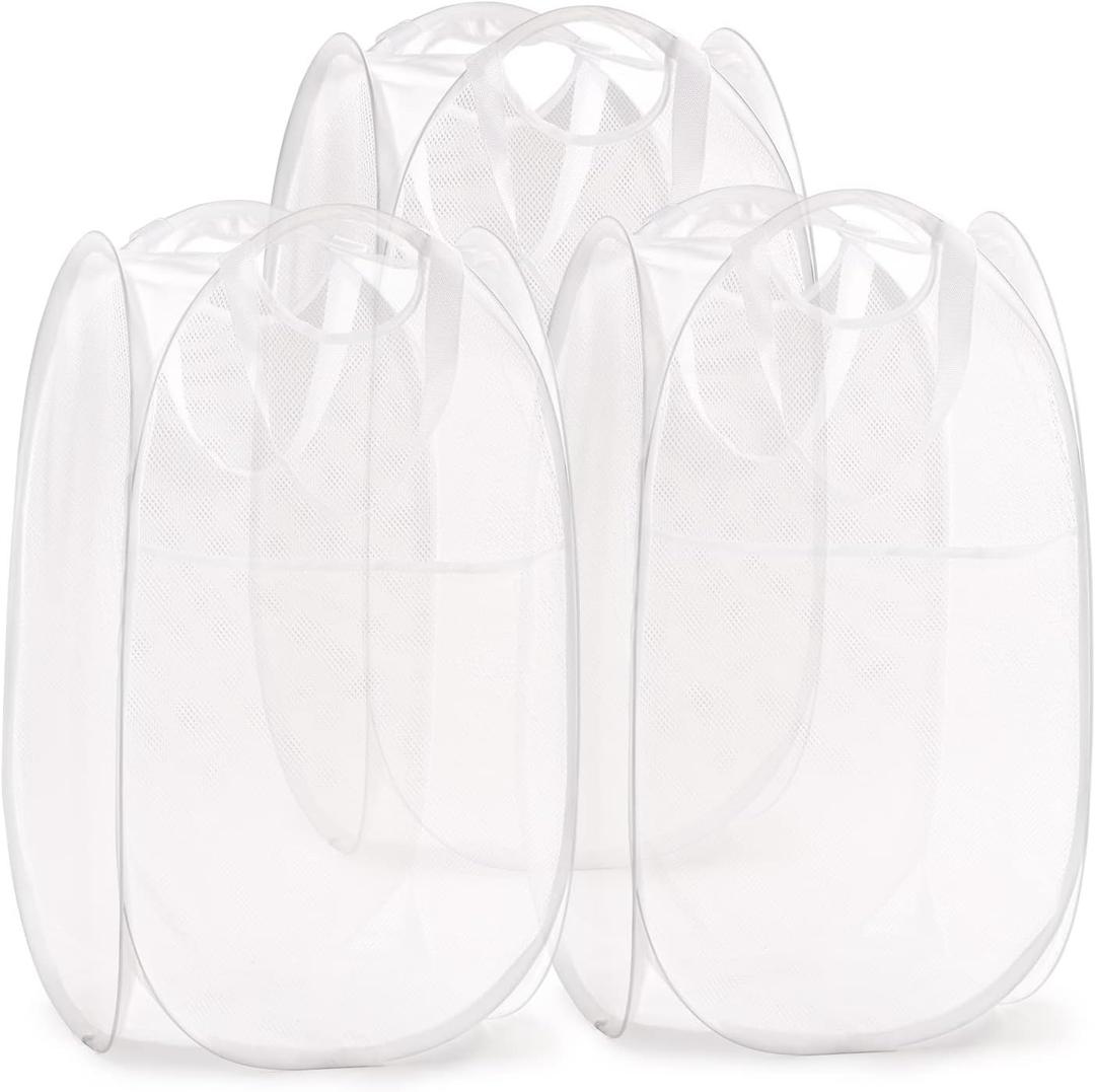 TECHMILLY Collapsible Mesh Pop Up Laundry Hamper with Sturdy Handles and Side Pocket - Portable Foldable Clothes Baskets for Dorm, Bathroom & Travel Storage (White, 3 Packs)