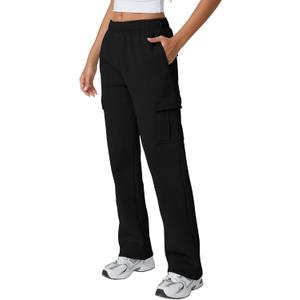 QINSEN Womens Medium Waist Baggy Elastic Waist Sweatpants Casual Fleece Long Pants with Pockets (Small, Black)