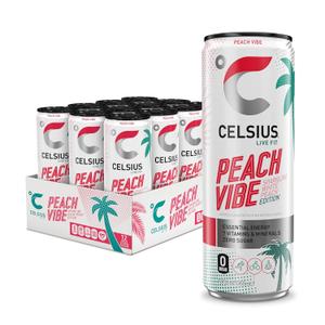 CELSIUS PEACH VIBE Sparkling White Peach, Sugar Free Energy Drink, 12 Fl Oz (Pack of 12) (EXP 04/01/27)