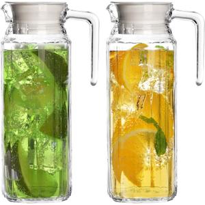Glass Pitcher with Lid  Set of 2 34Oz Glass Water Pitcher  Cold Water Carafe For Ice Tea, Lemonade, Coffee  Elegant and Modern  Practical Spout Pitchers for Drinks