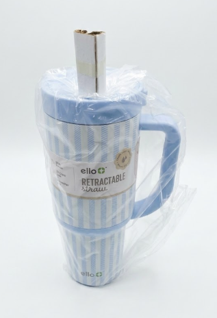 Ello Oasis 30 oz Tumbler with Handle & Retracting Straw | Reusable Insulated Stainless Steel Cup 100% Leakproof, Gifts for Teens Women Men | Keeps cold for 24 Hours, Cup Holder Friendly, Stripes, Blue