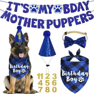 Dog Birthday Party Supplies, Multi Sizes Dog Birthday Hat with Numbers Bandana Bow Tie Its My Bday Mother Puppers Sign Banner for Large X-Large Dogs Pets (X-Large, Blue)