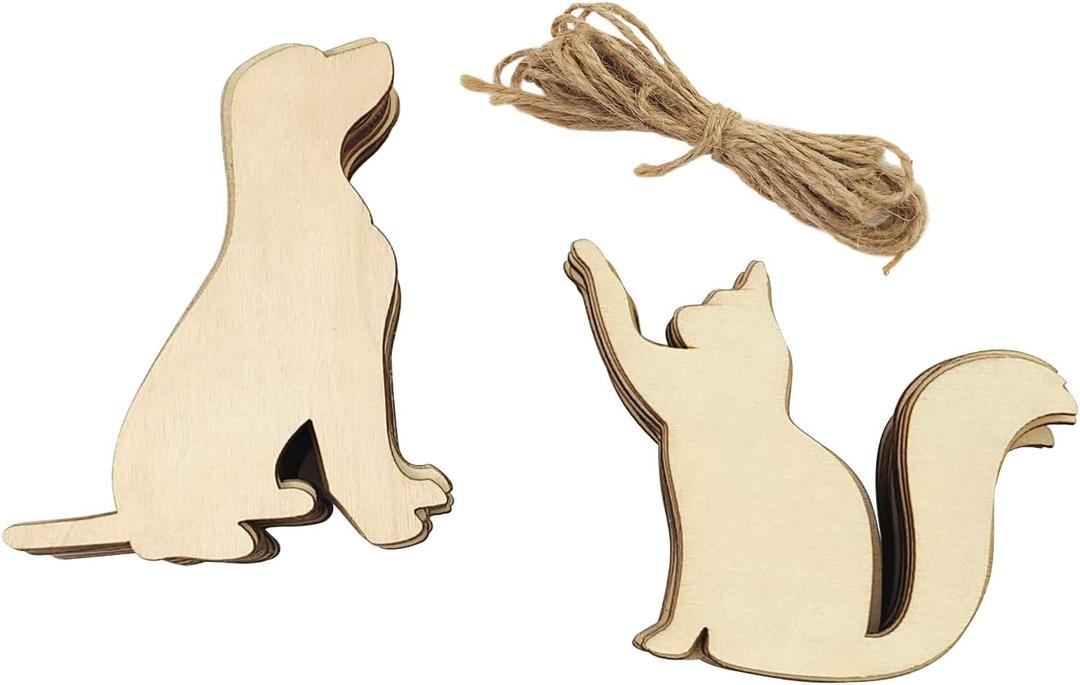 32 Pack Wood Dog & Cat Cutouts Unfinished Wooden Dog & Cat Hanging Ornaments DIY Dog & Cat Craft Gift Tags for Thanksgiving Christmas Home Party Decoration Craft Project