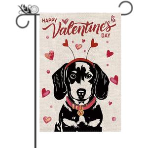 Welcome Valentine's Day Garden Flag Dachshund Dog Love Heart Vertical Double Sided Garden Flag Holiday Outside Yard Decoration Anniversary Wedding Farmhouse Valentines Day Decor 12.5 x 18 Inch