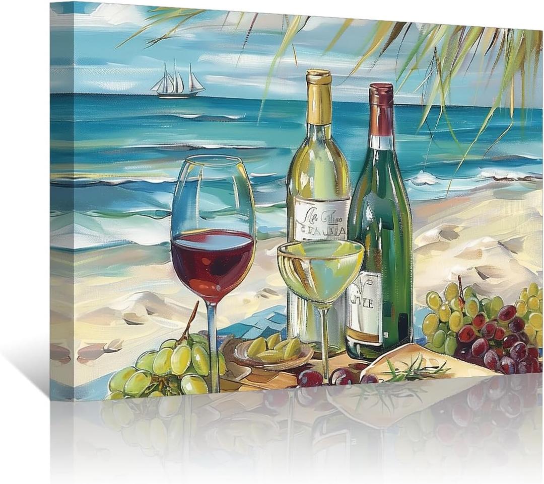 PBXBJY Coastal Canvas Wall Art Beach Picture Grapes and Wine Bottle Poster Prints Food Painting Rustic Blue Ocean Seaside Kitchen Bathroom Decor Modern Artwork (24.00" x 36.00")