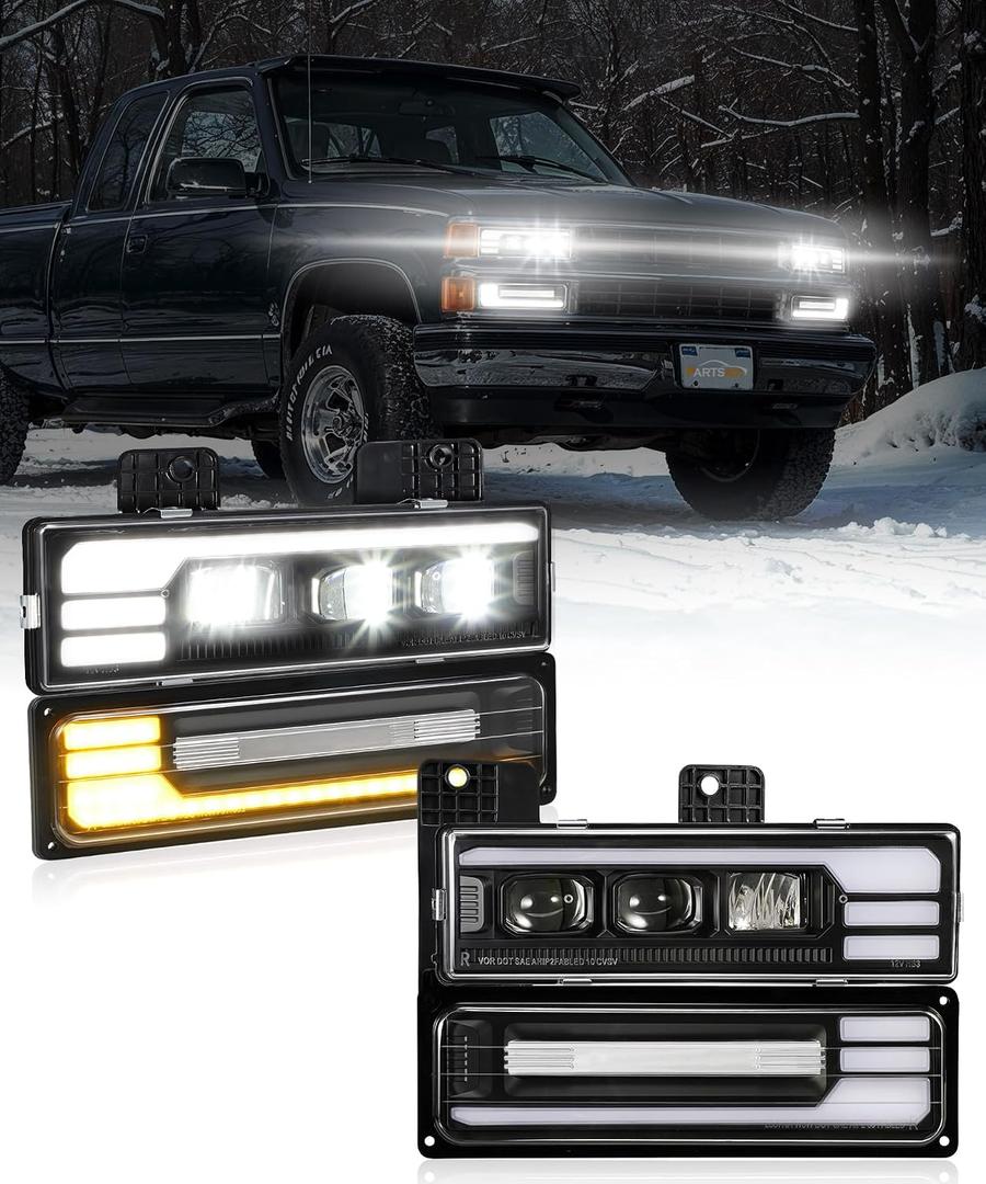 Partsam LED Headlights Assembly DOT Approved with Start Animation DRL Sequential Turn Signal Hi/Low Beam Lights Replacement for OBS Truck Silverado C/K 1500/2500/3500 88-98, 6500K 12V IP67