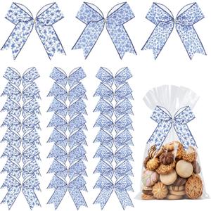 24pcs Pre-Tied Blue Bows with Twist Ties Spring Chinoiserie Blue Bow for Wreath,Blue and White Floral Wired Edge Ribbon Bows,for Front Door Spring Party for Gift Wrapping, Wedding Party